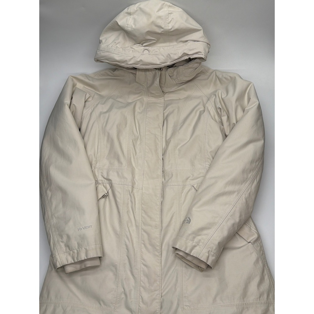 The North Face HyVent Women Parka Jacket Hooded Insulated Cream Beige Longline M